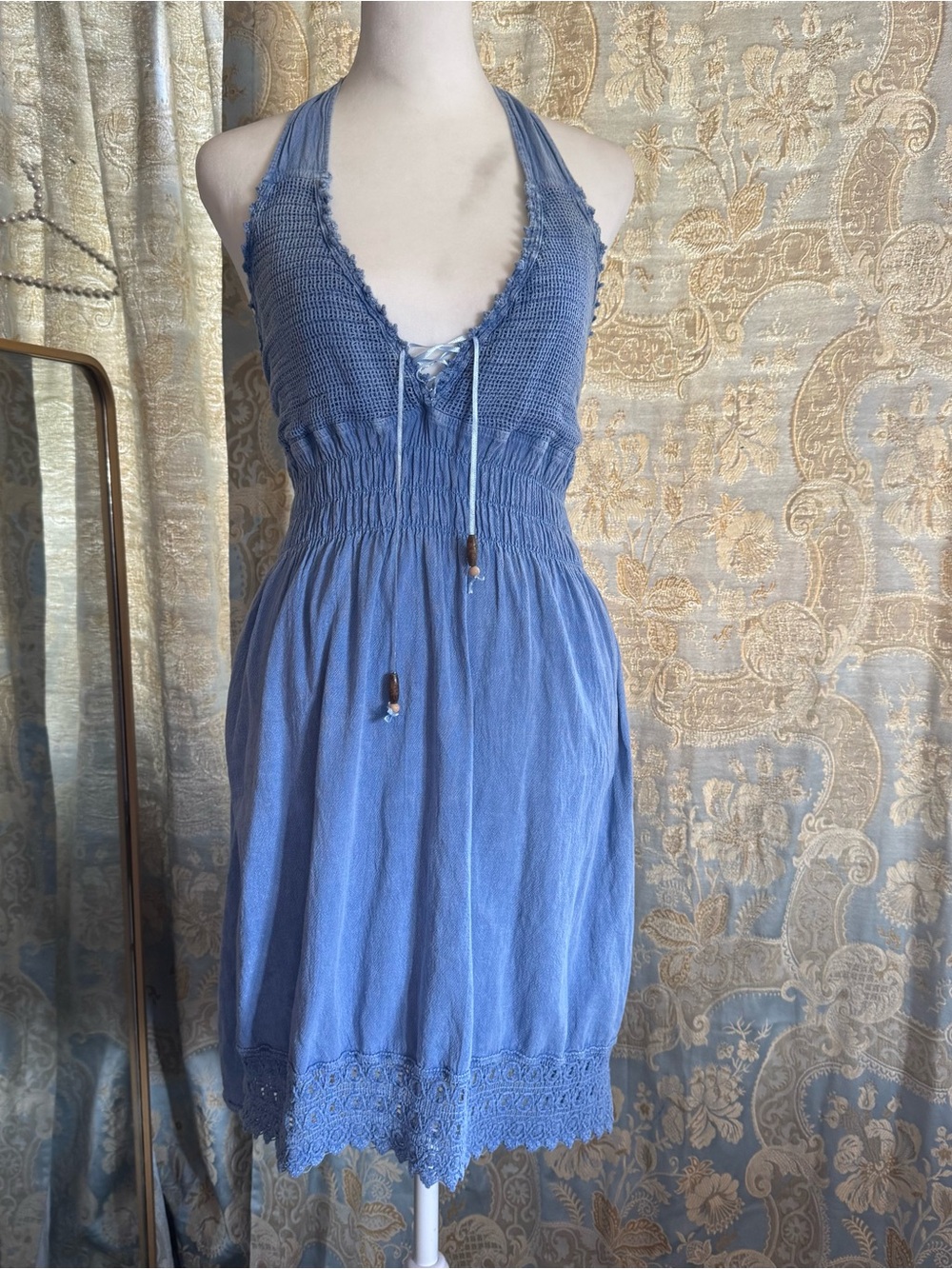 Smocked Halter Mini Dress in Dusty Blue - Unbranded